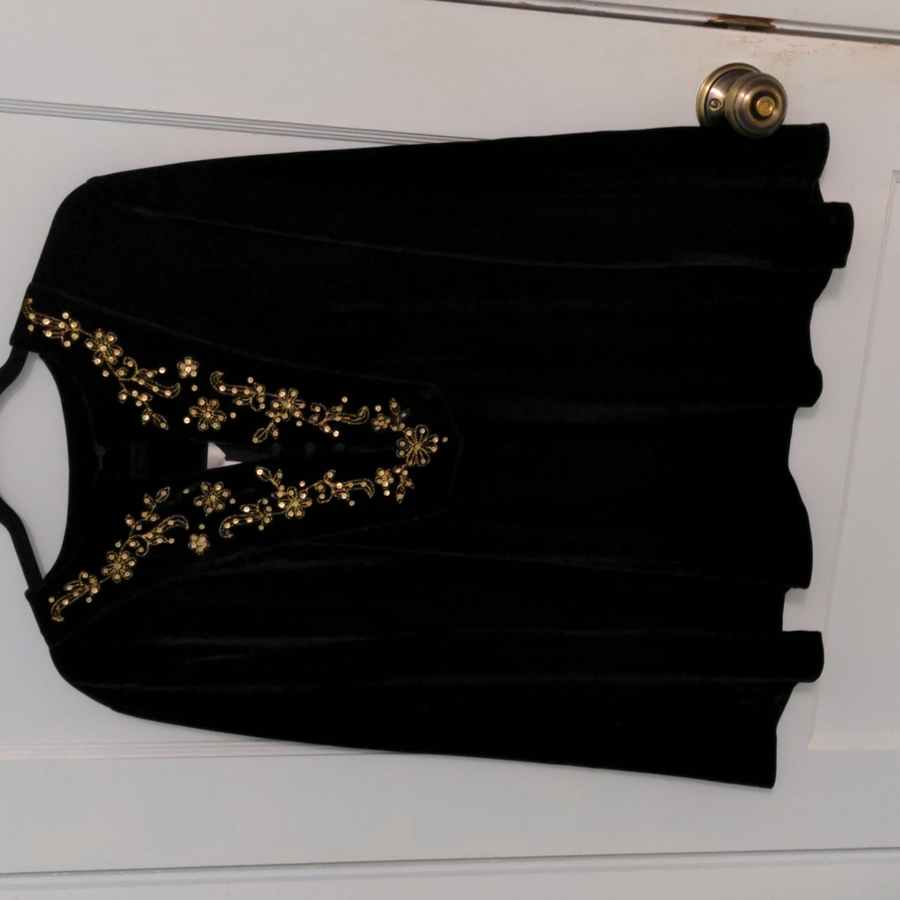 SIL X Size L Black Velvet Tunic Top with Gold Sequins and Silt Bell Sleeves